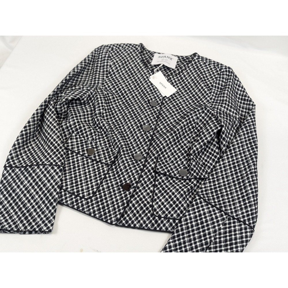 Spanx Ponte Lady Jacket Black‎ White Gingham Plaid Button Front Womans Small